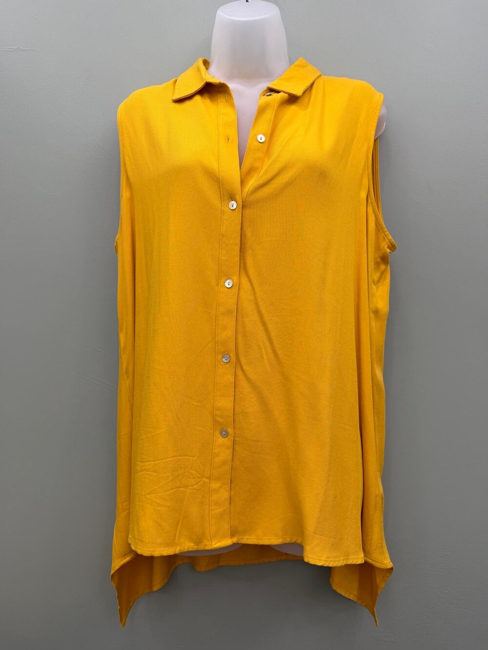Fever Mustard Yellow Tunic Top L Rayon Button Front Boho High Low Fall